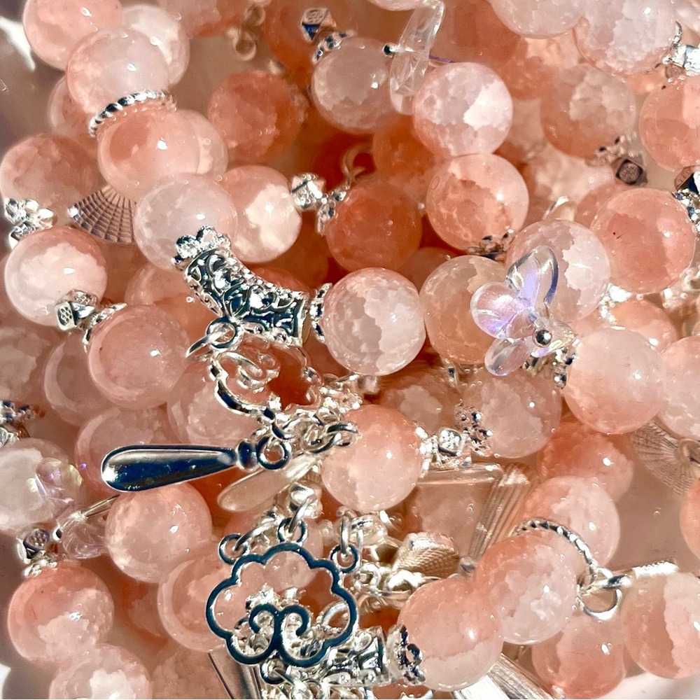 Pink Crackle Glass Beaded Bracelets With Iridescent Butterfly NWOT